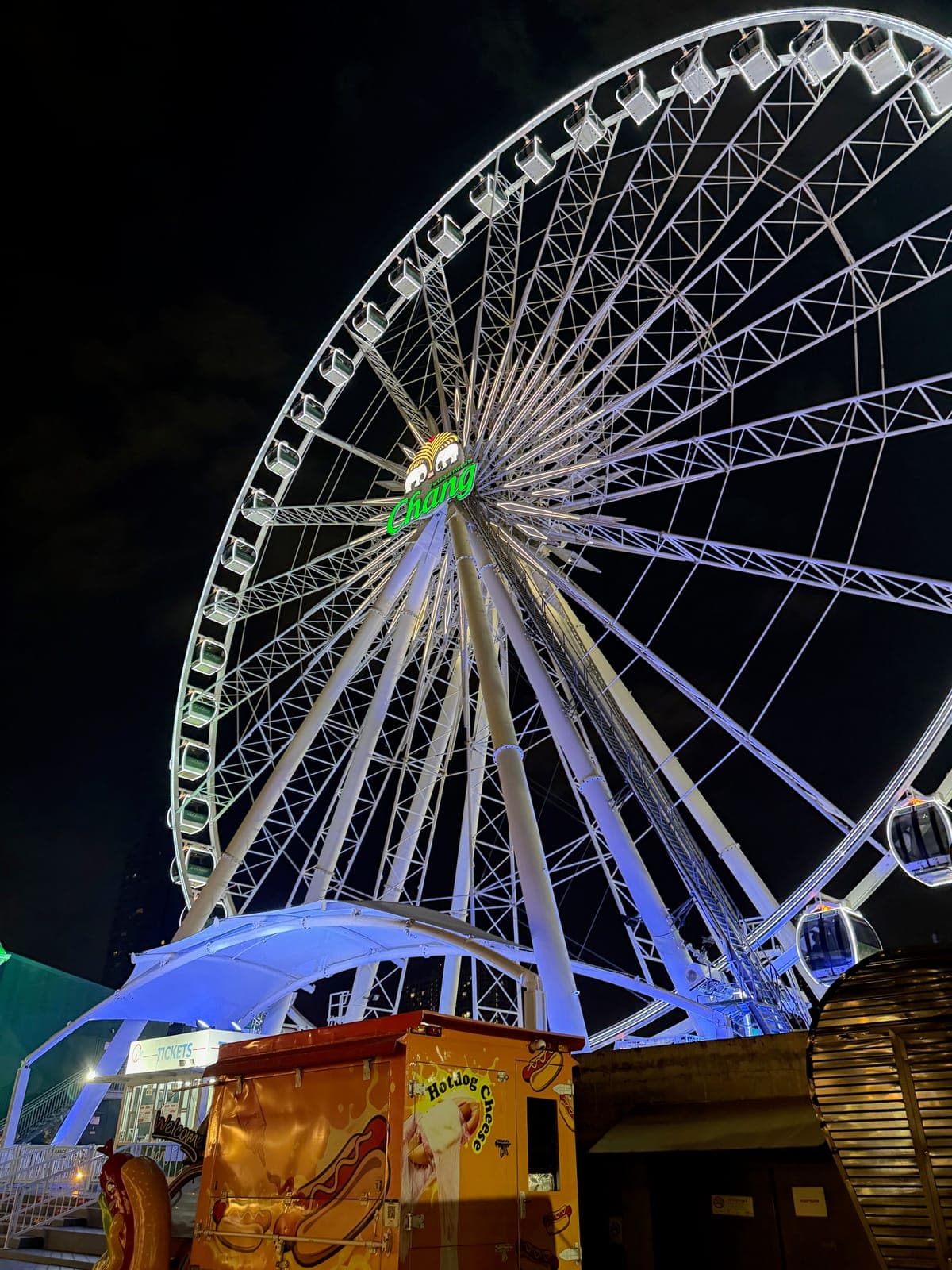 11:28 pm, Asiatique. The big wheel, then a ship moored on the bank.
