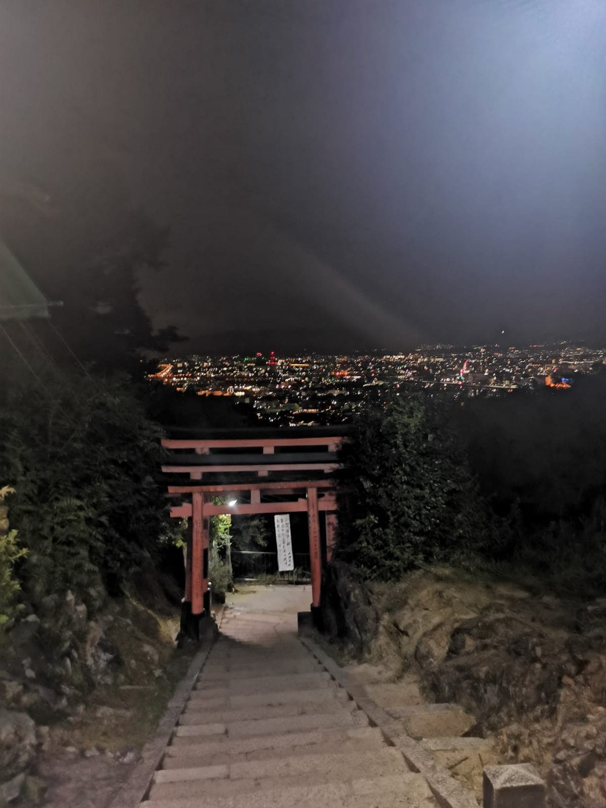 Fushimi Inari after dark, Kyoto lit up below.