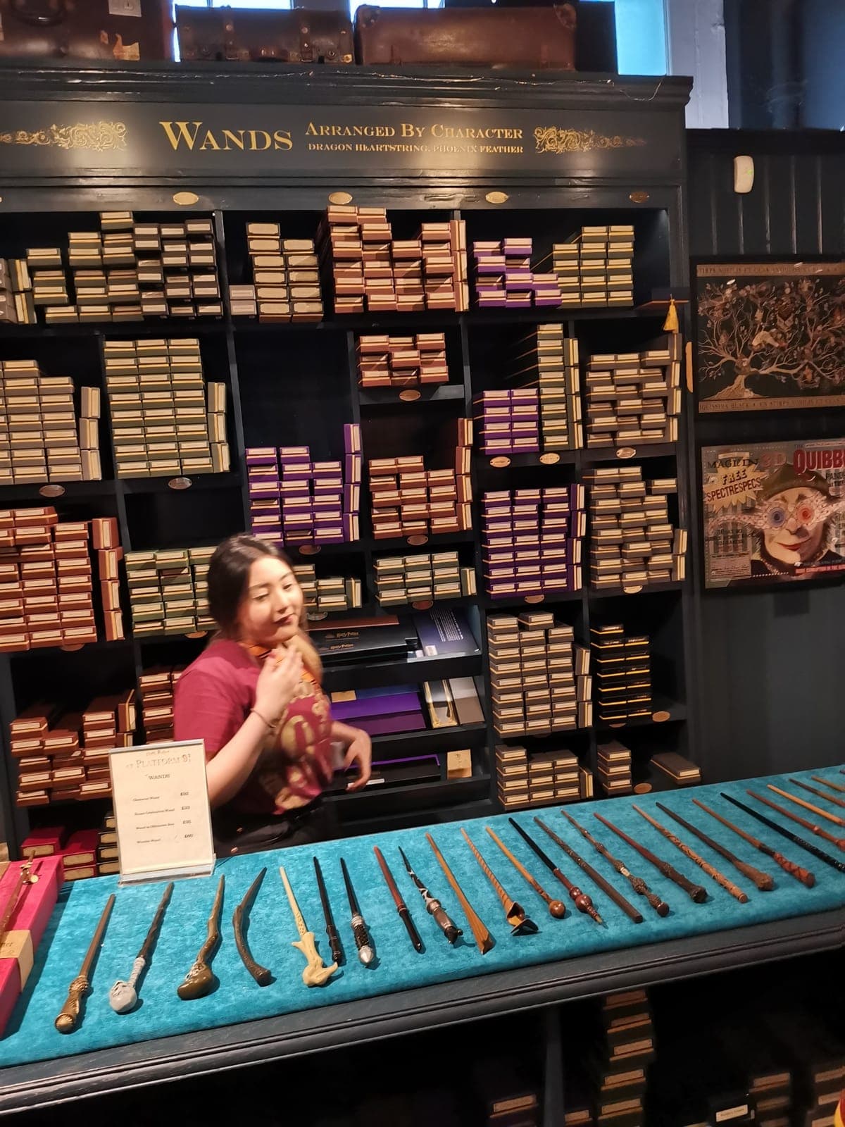 Monday, 1 pm. A queue for Platform 9 ¾, obviously. Then a whole wall of wands.