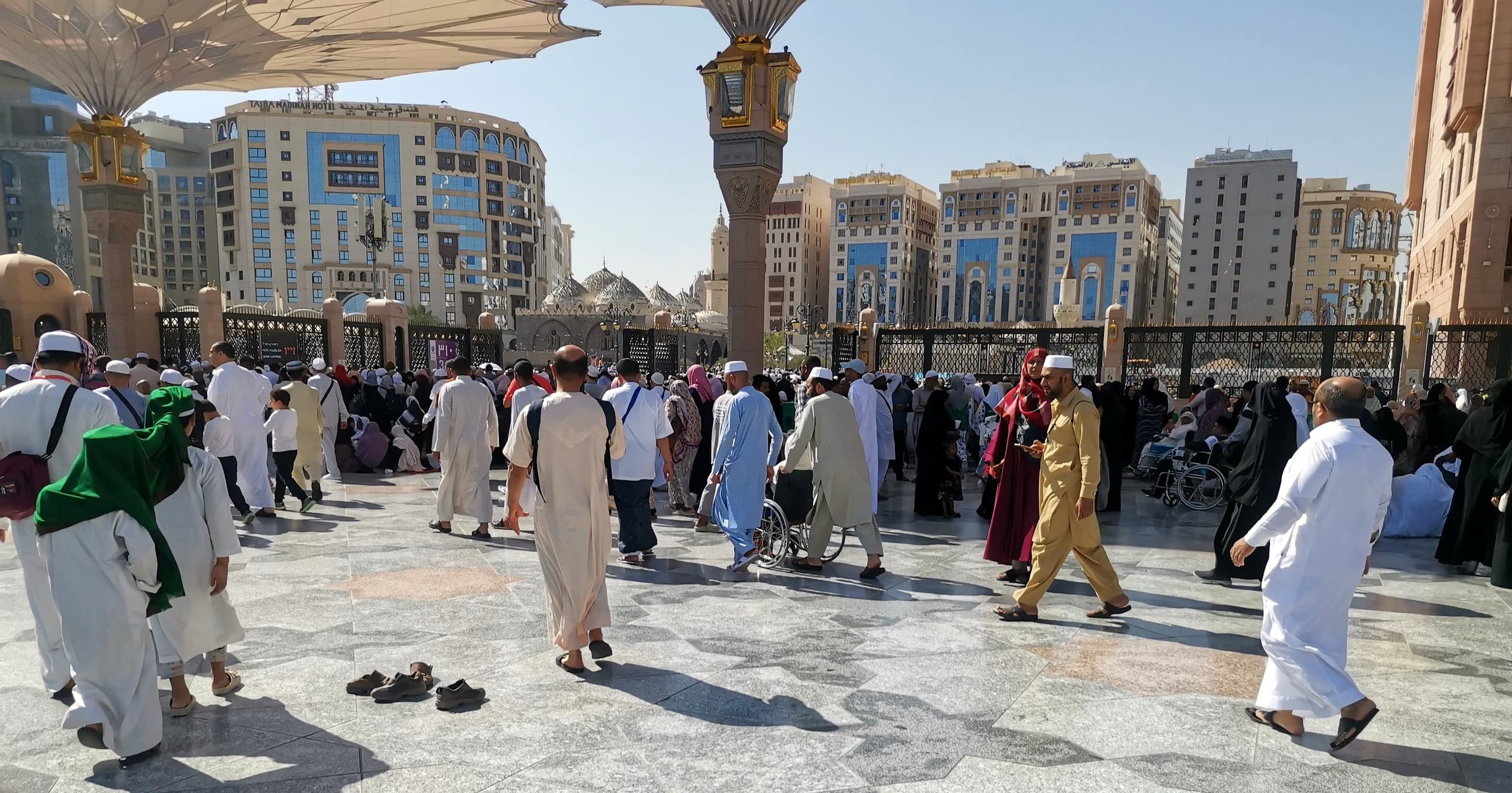 The courtyard of the Prophet’s Mosque, under the parasols