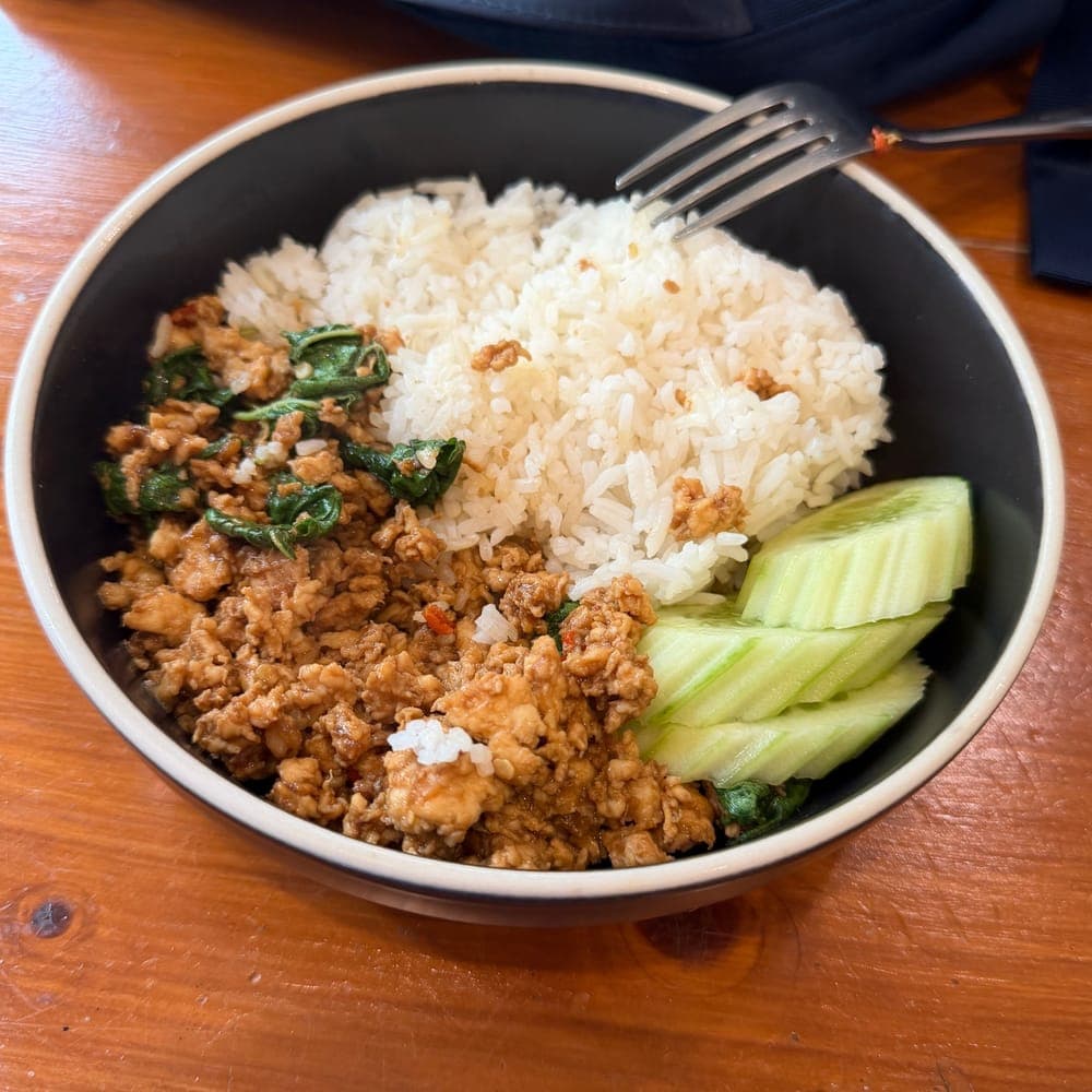 Pad kra pao, rice and cucumber