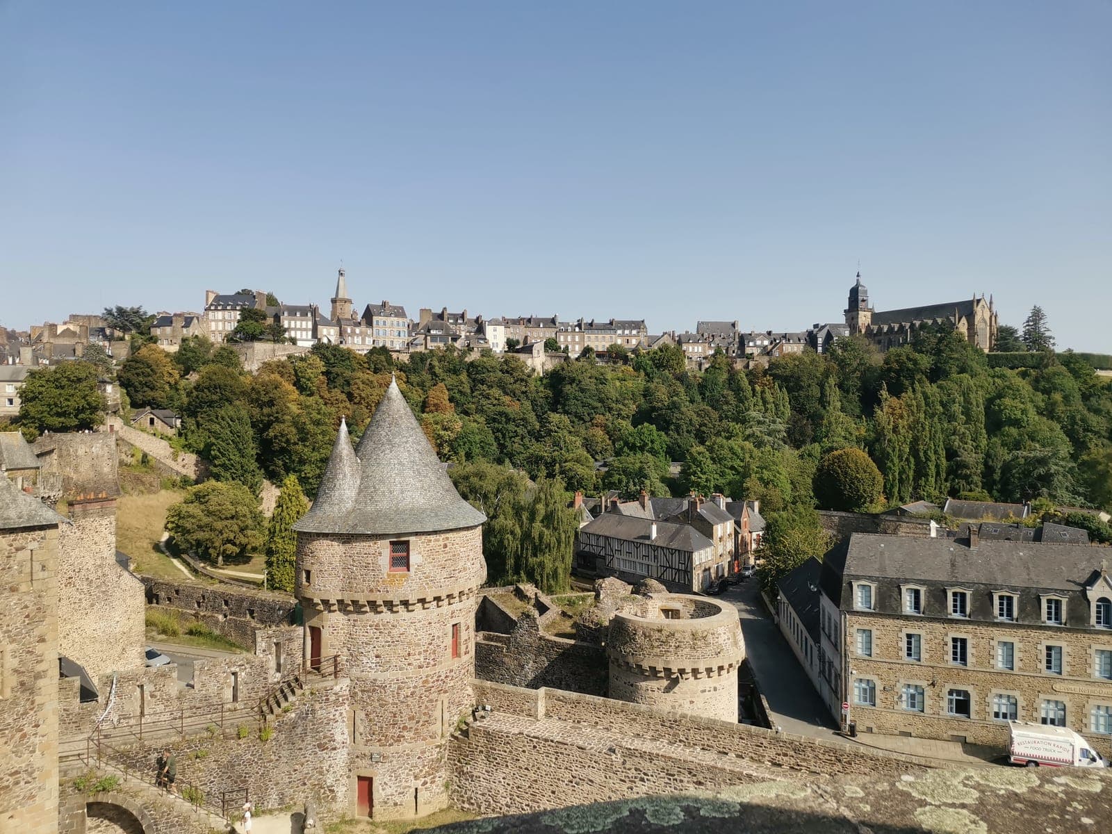 5:22 pm. Fougères castle, the town above it.